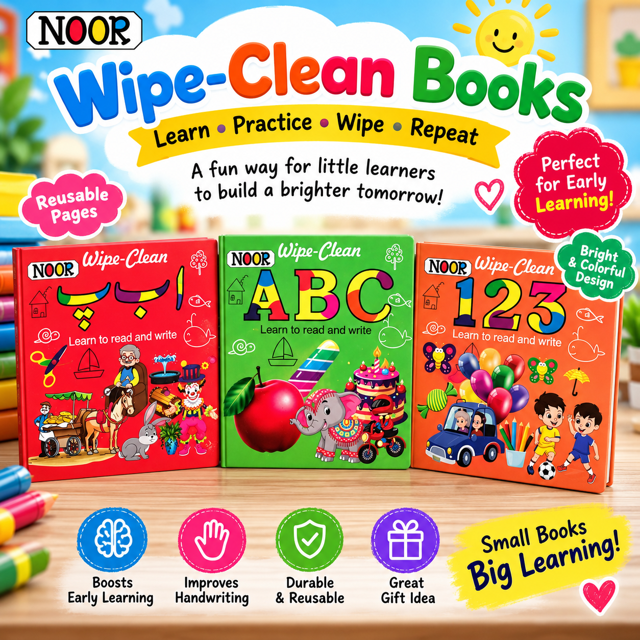 NOOR Wipe-Clean ABC 123 Learning Books for Kids | Reusable Writing Practice Book | Learn to Read & Write